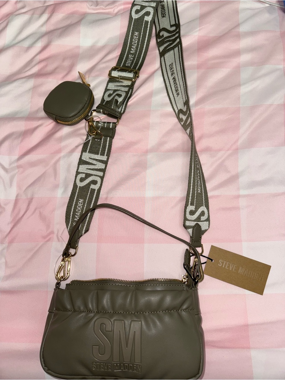 Steve Madden Olive Crossbody Bag with Logo Strap and Coin Pouch